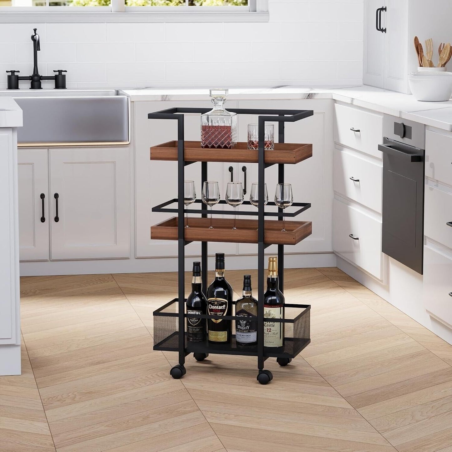 Deco Beverage Cart - Kitchen Cart with Wheels Rolling Cart Storage, Utility Cart