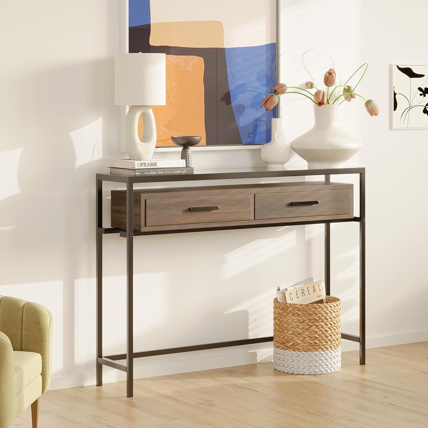 City Minimalist Entryway Console Table - 43 Inch Narrow Console Table 2 Drawers