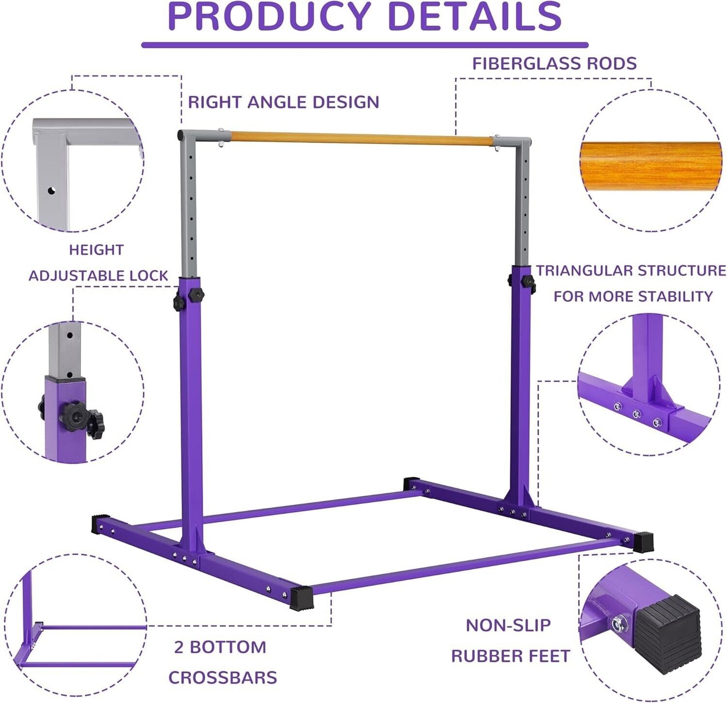 Signature Fitness Adjustable Folding Steel Gymnastics Bar, Ages 3 & Up, Purple