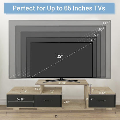 63" Modern Floating TV Stand with 3 Fabric Drawers and Shelf Wooden Finish Brown