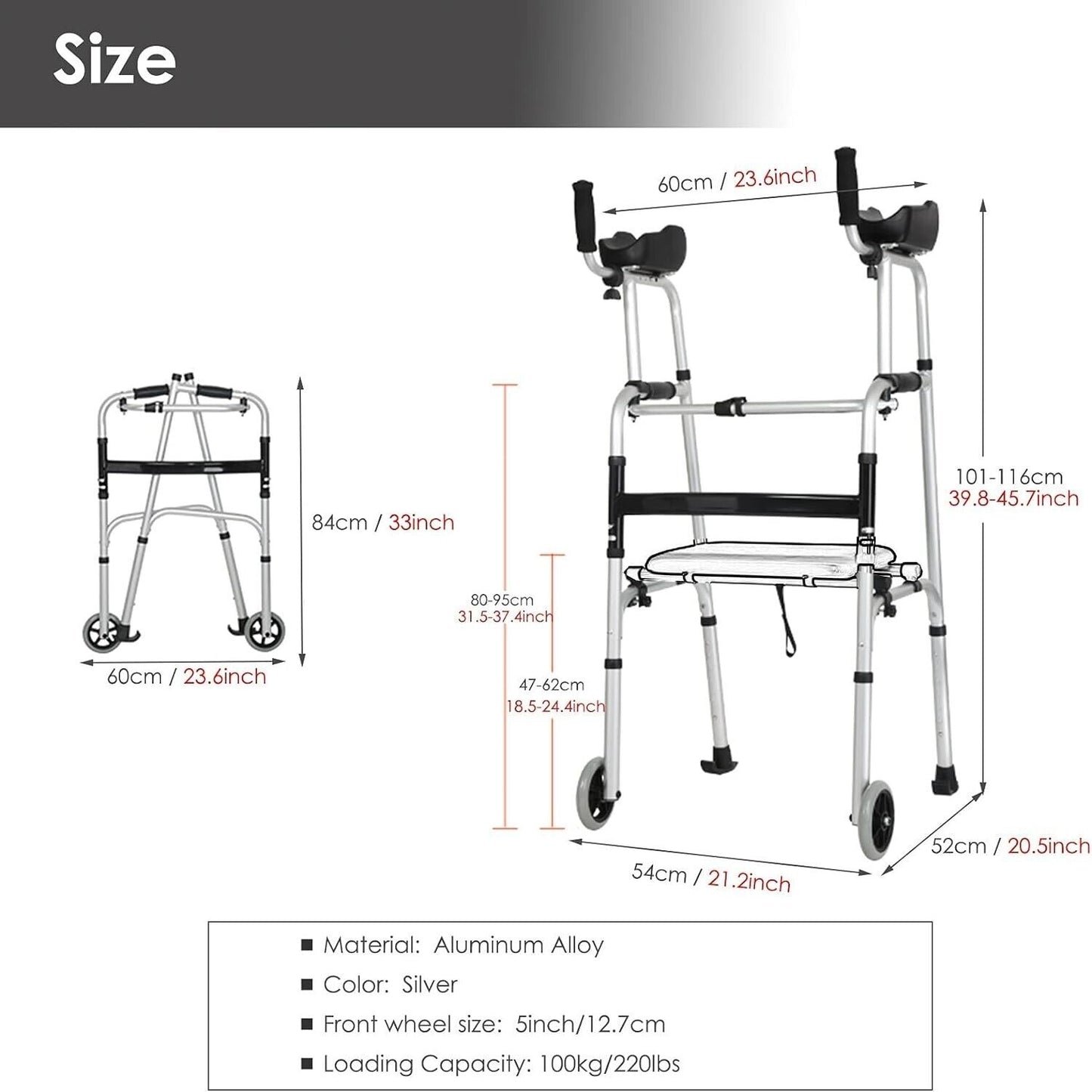 Upright Walker with 5” Dual Wheels, Forearm Walker with Armrests