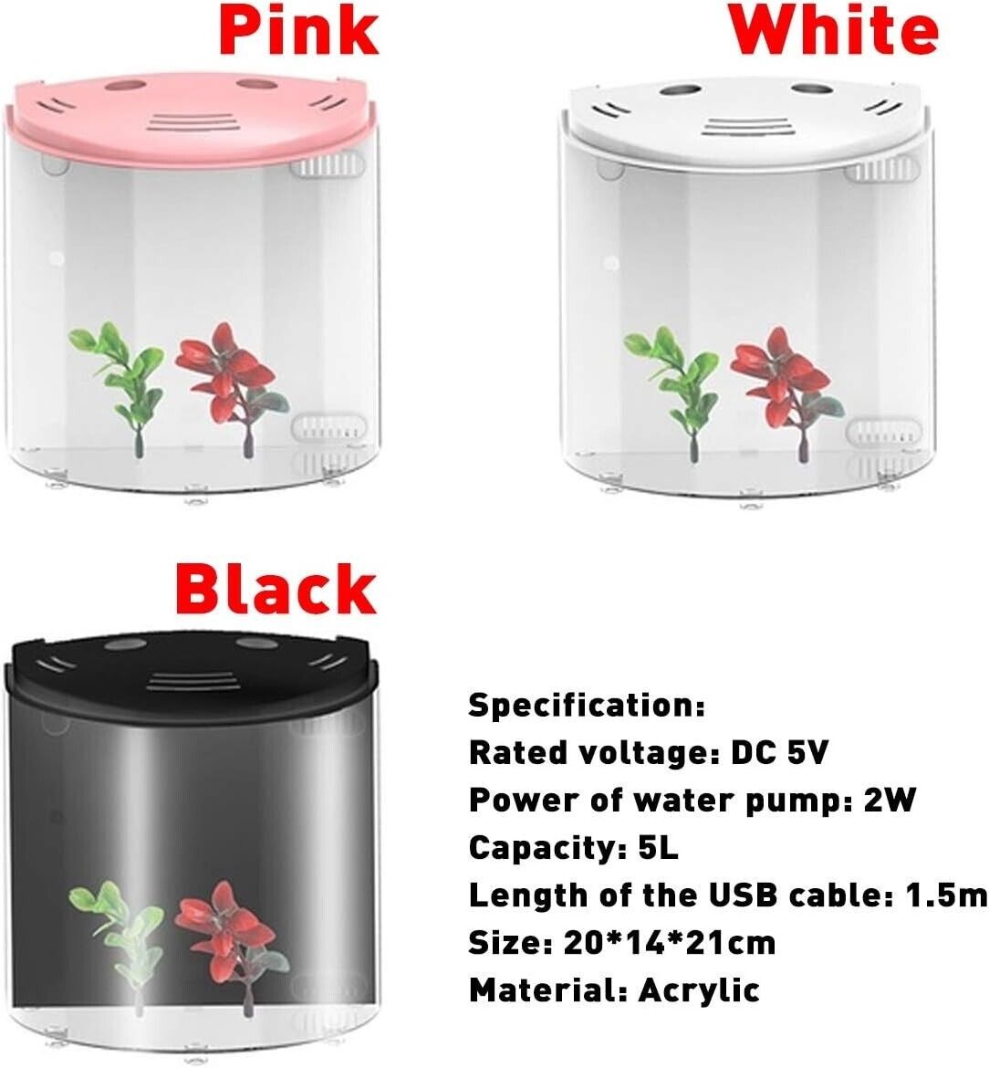 5L Fish Tank Aquariums USB LED Half Moon Mini Aquarium Acrylic Large Capacity