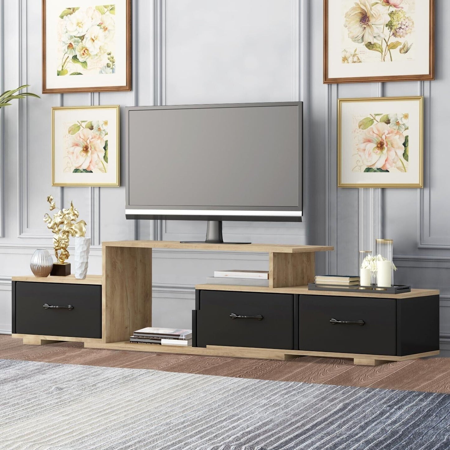 63" Modern Floating TV Stand with 3 Fabric Drawers and Shelf Wooden Finish Brown