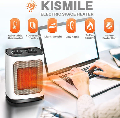 Kismile Small Electric Space Heater Ceramic Space Heater Fan Portable 750W/1500W