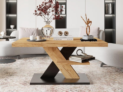 Coffee Table Square Modern Wood Tea Table with Large Two Storage Drawers Oak