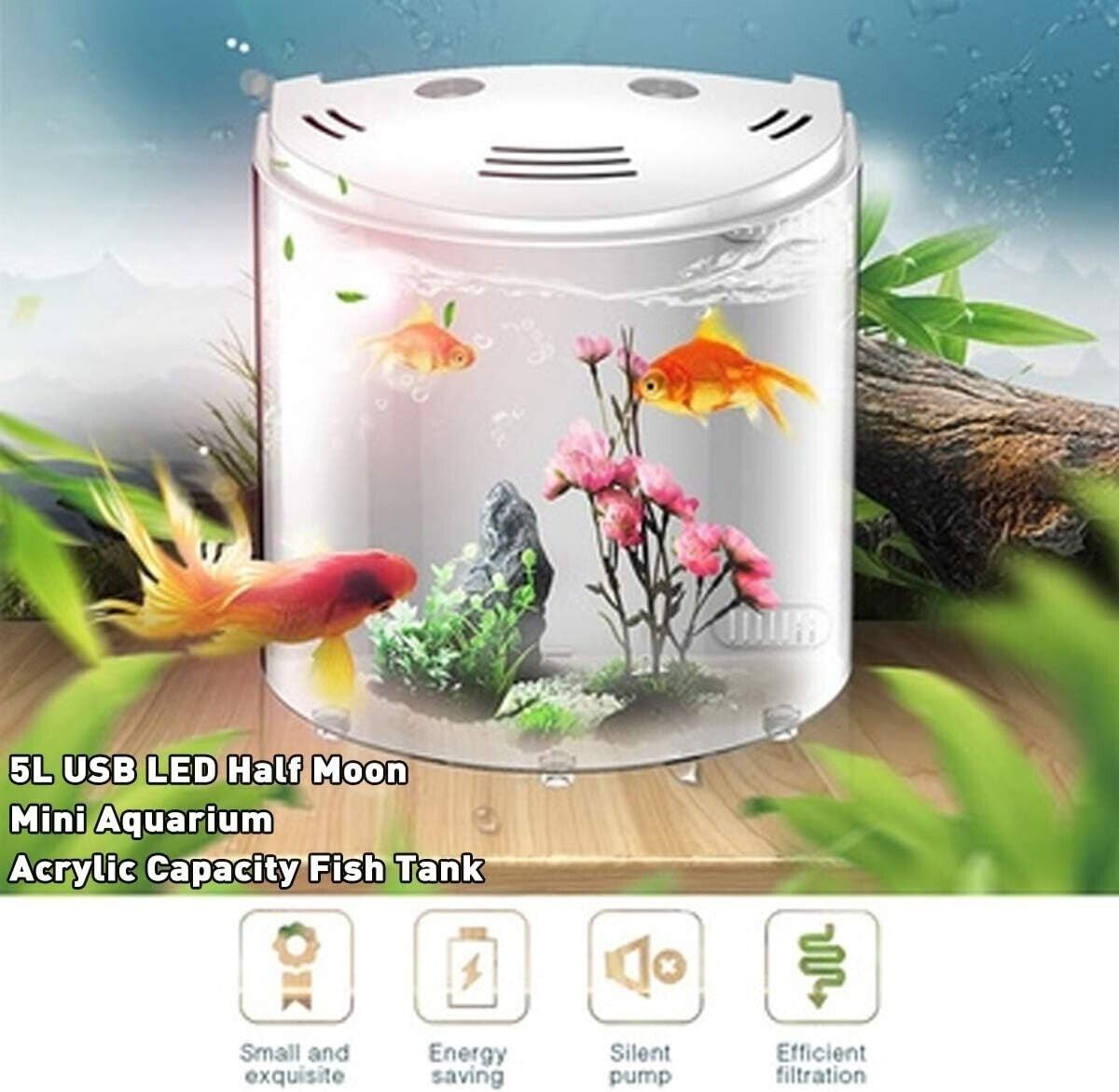 5L Fish Tank Aquariums USB LED Half Moon Mini Aquarium Acrylic Large Capacity