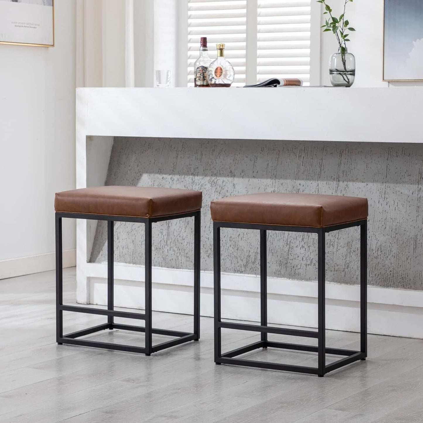 Set of 2 Black 24 Inch Backless Counter Bar Stools PU Leather Seat for Kitchen