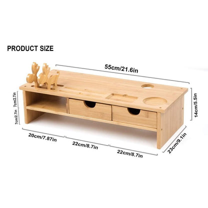 Monitor Stand Riser Desk Organizer-Bamboo 2 Tier Laptop Stand with Drawers