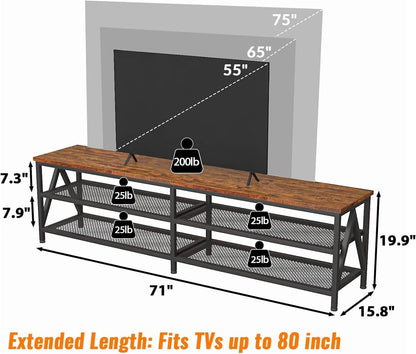 TV Stand for 75 80 inch TV Extra Long 71" Entertainment Center Rustic Brown