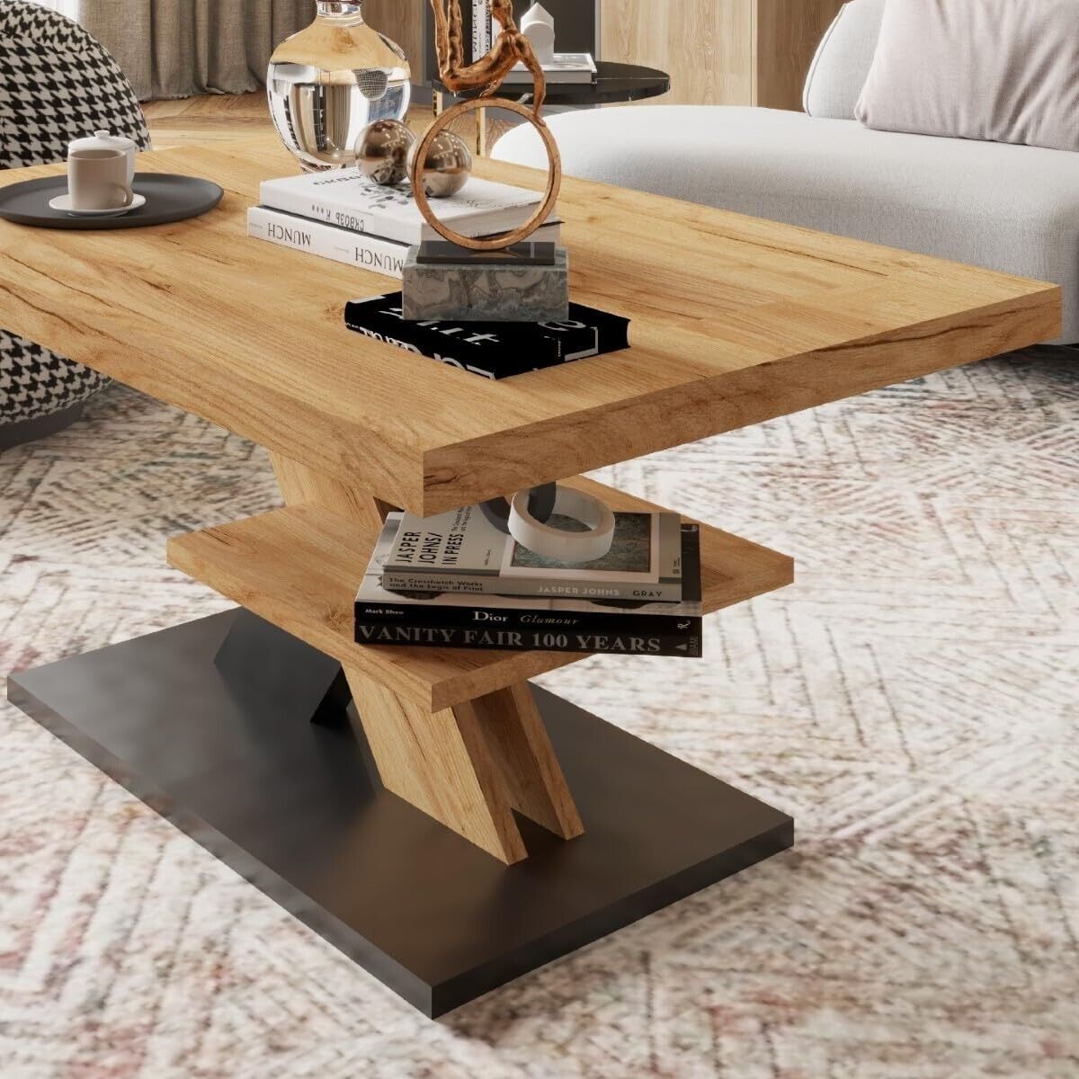 Coffee Table Square Modern Wood Tea Table with Large Two Storage Drawers Oak