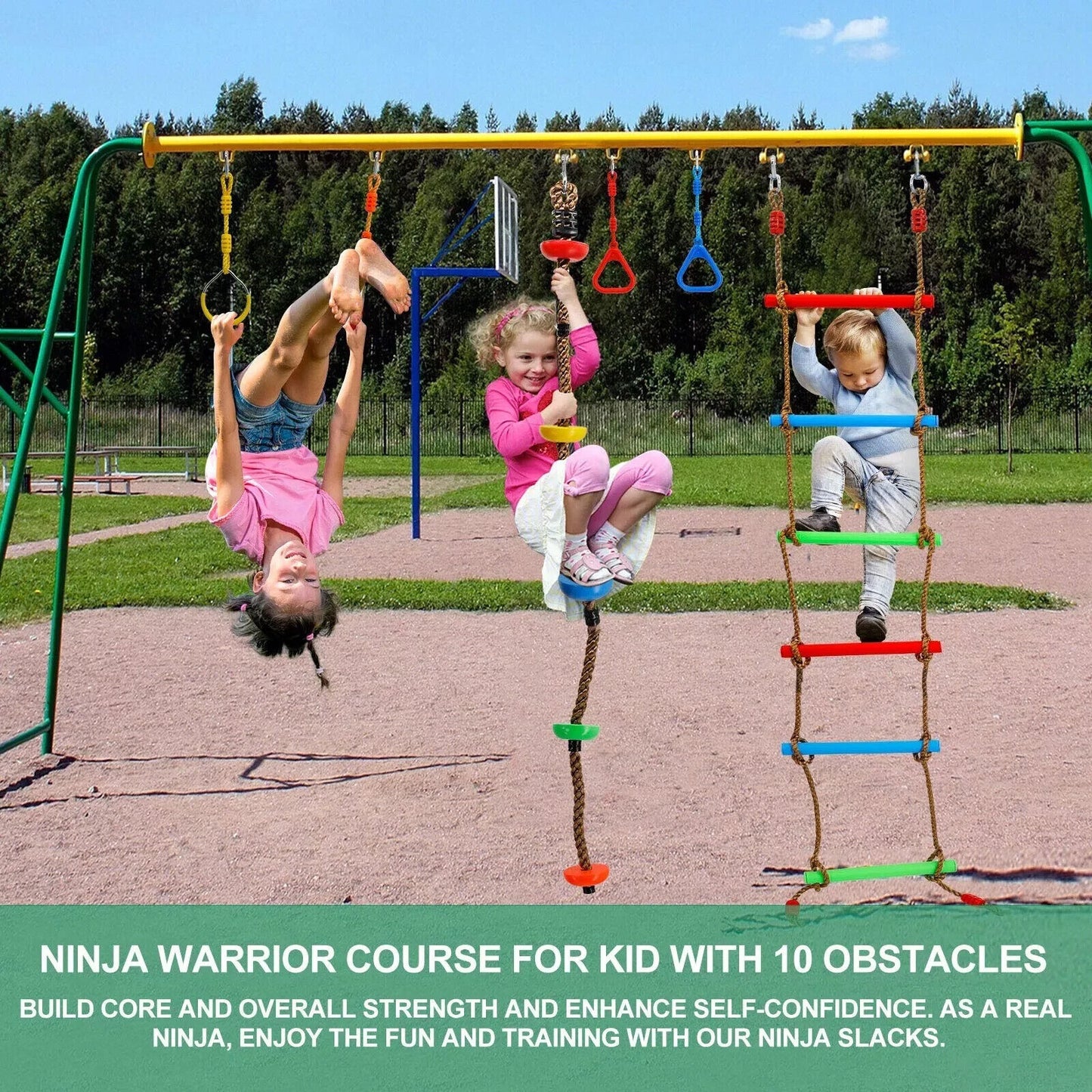 Ninja Warrior Obstacle Course Kit for Kids Ninja Slackline with 10 Accessorie...