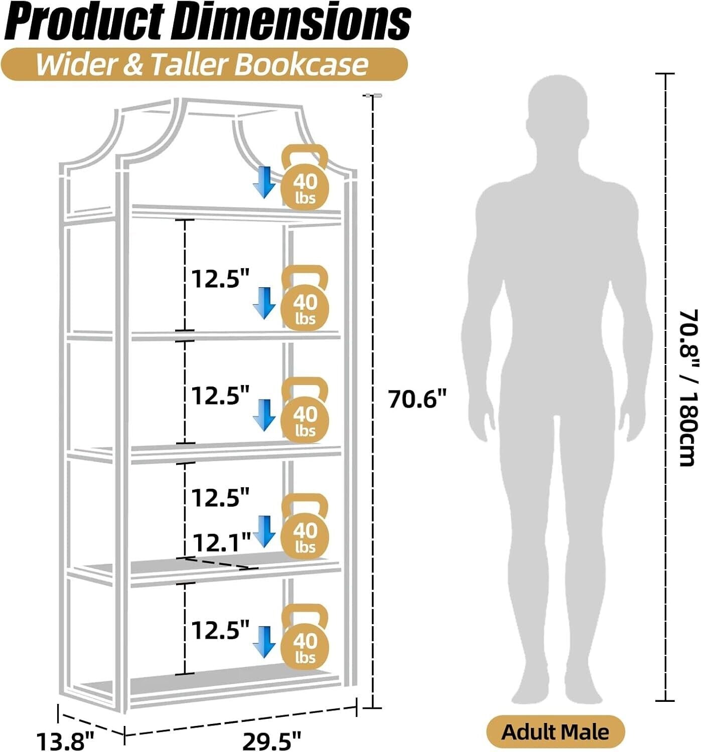 5-Tier Gold Bookcase, 29.5" Lx70.6 H, Bookshelf for Bedroom,Gold Book Display Sh