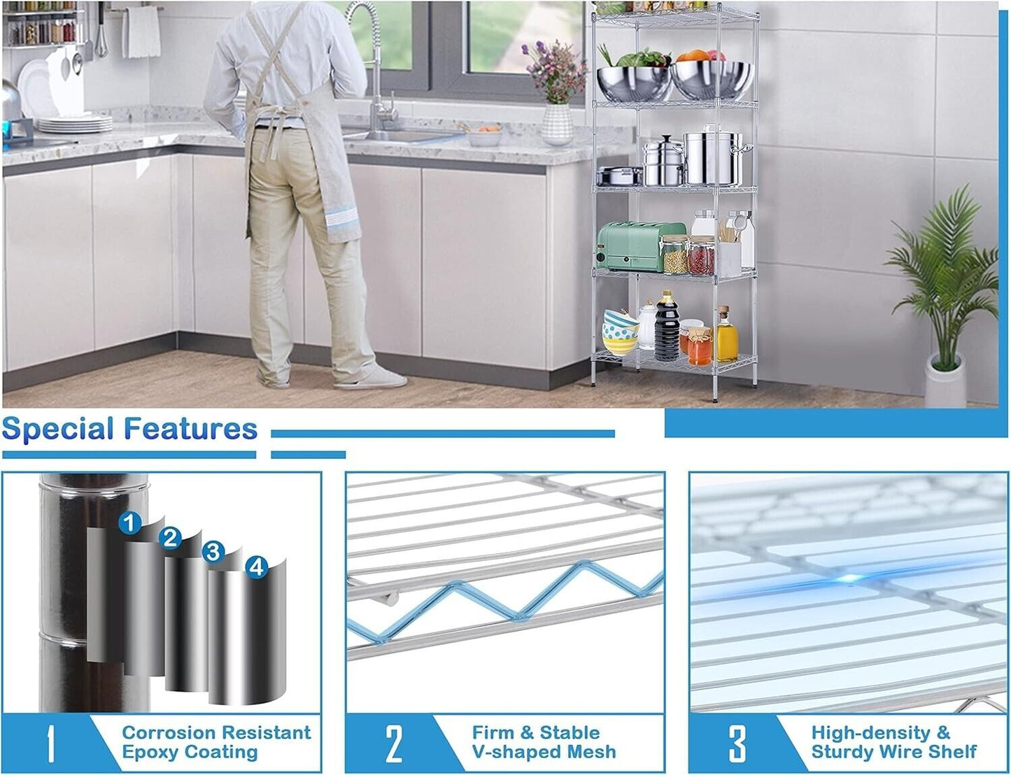 Adjustable 5-Tier Metal Wire Shelving Unit - NSF Certified Utility Storage Rack