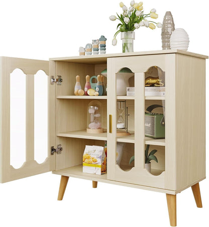 Light Wash Wood Buffet Cabinet and Storage Display - Kitchen Storage Cabinet Tan