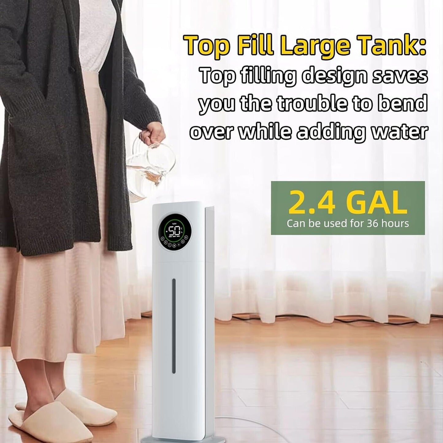 Floor Standing Humidifier for Large Room 9L/2.4G Top Fill Humidifiers with Timer