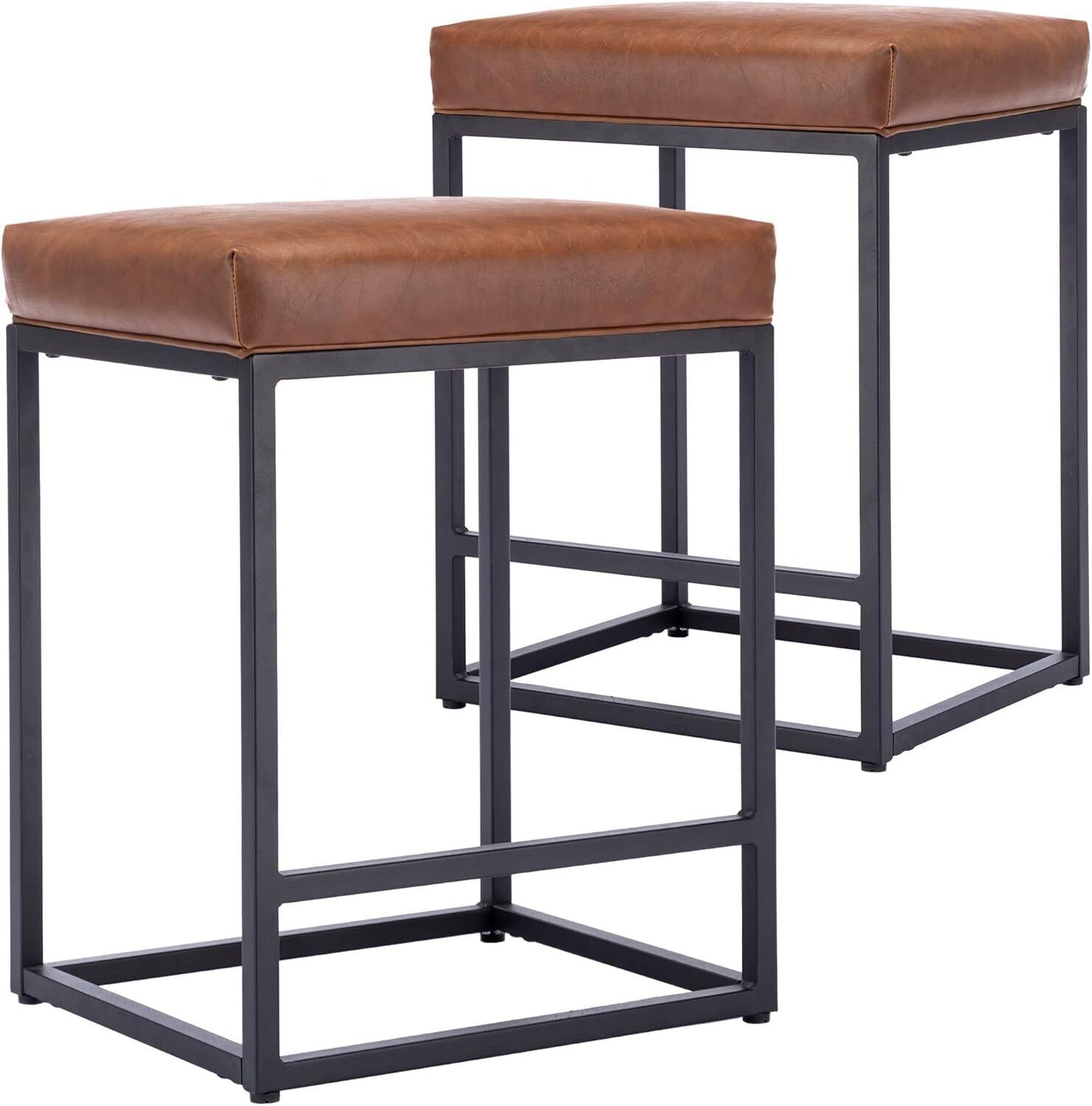 Set of 2 Black 24 Inch Backless Counter Bar Stools PU Leather Seat for Kitchen