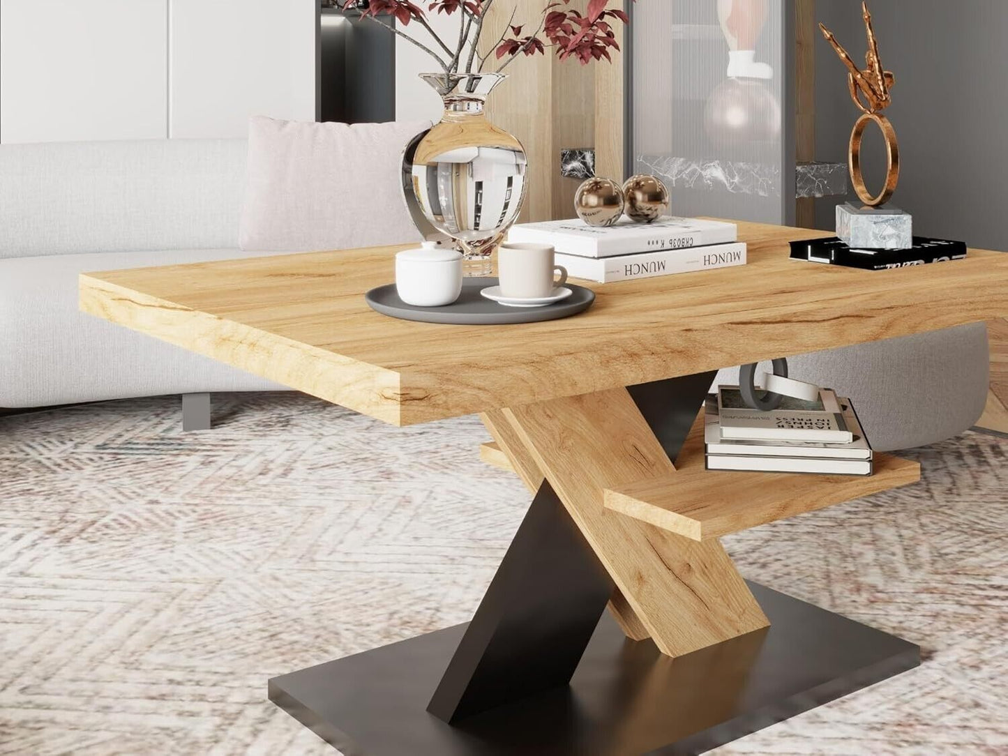 Coffee Table Square Modern Wood Tea Table with Large Two Storage Drawers Oak