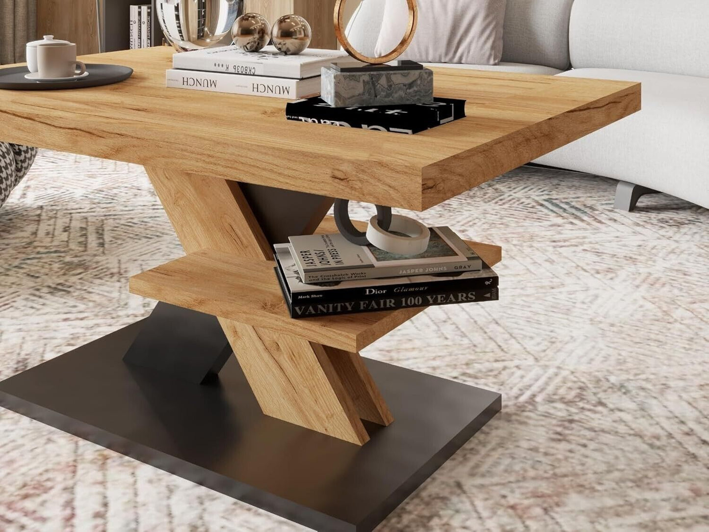 Coffee Table Square Modern Wood Tea Table with Large Two Storage Drawers Oak