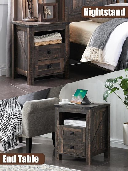 Nightstand with Charging Station Side Table with 2 Drawers Storage Rustic Oak