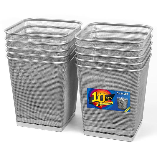 10-Pack Silver Square Metal Trash Cans, 6 Gallon Capacity, Mesh Design, Non-S...