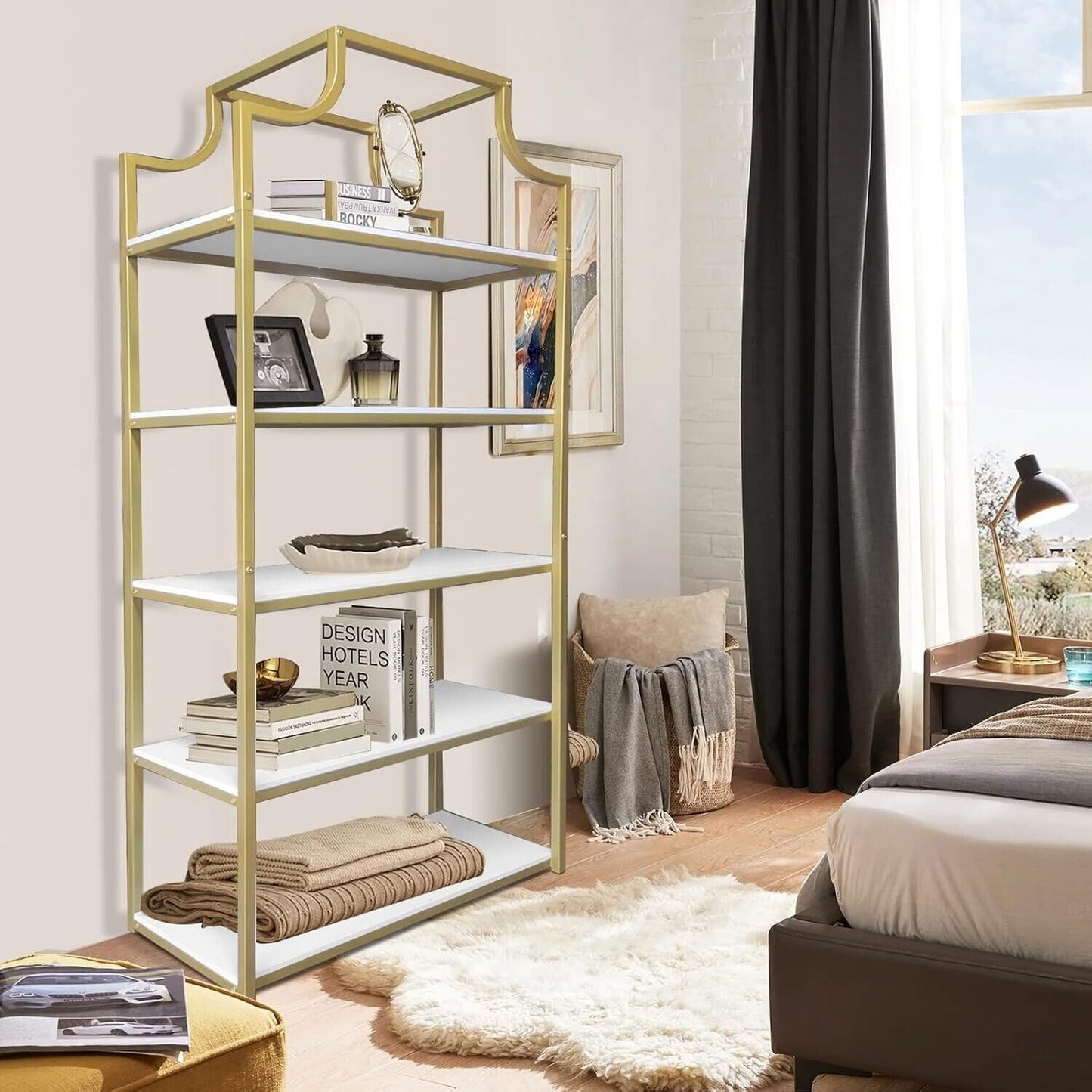 5-Tier Gold Bookcase, 29.5" Lx70.6 H, Bookshelf for Bedroom,Gold Book Display Sh