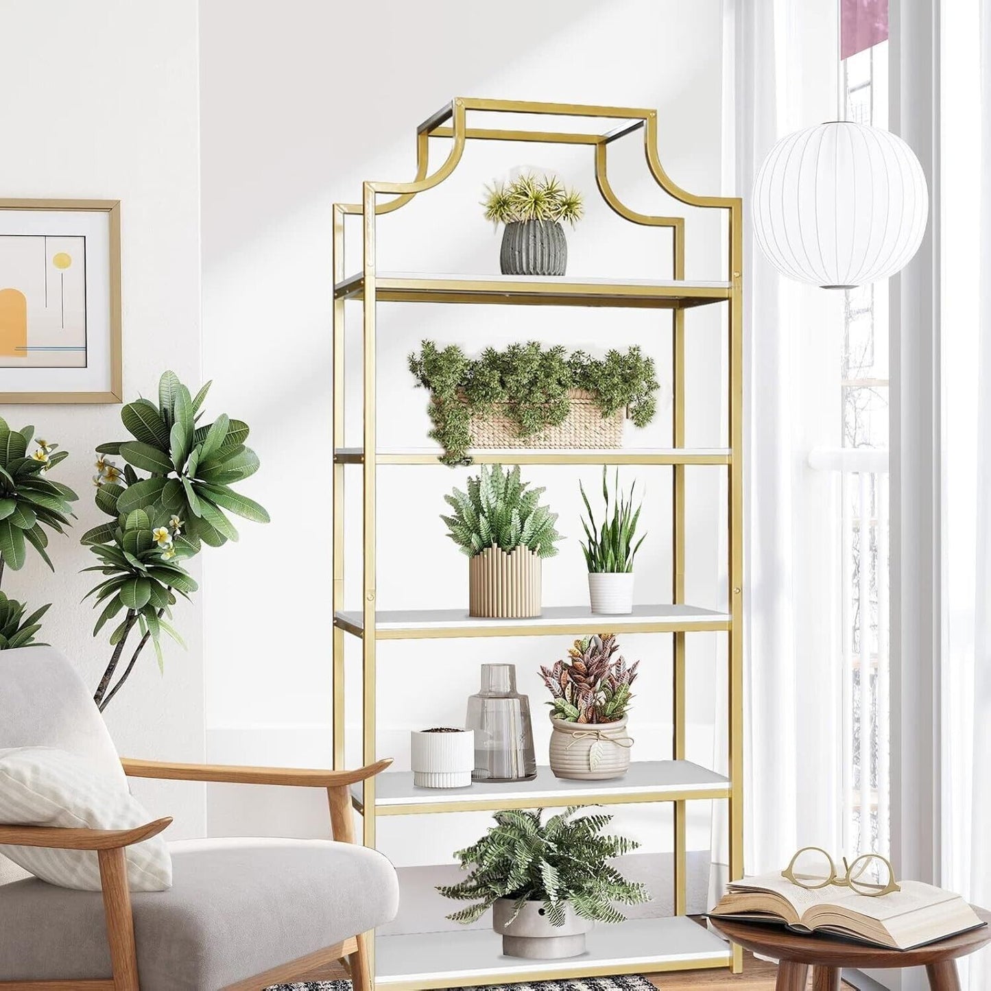 5-Tier Gold Bookcase, 29.5" Lx70.6 H, Bookshelf for Bedroom,Gold Book Display Sh