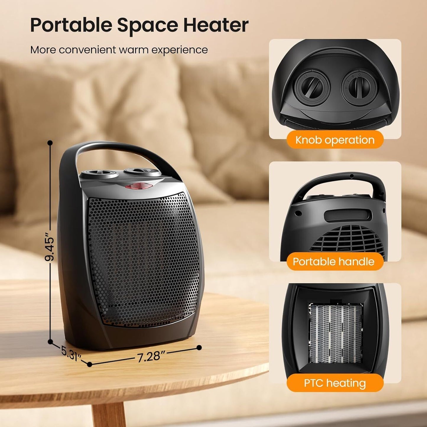 Kismile Small Electric Space Heater Ceramic Space Heater Fan Portable 750W/1500W