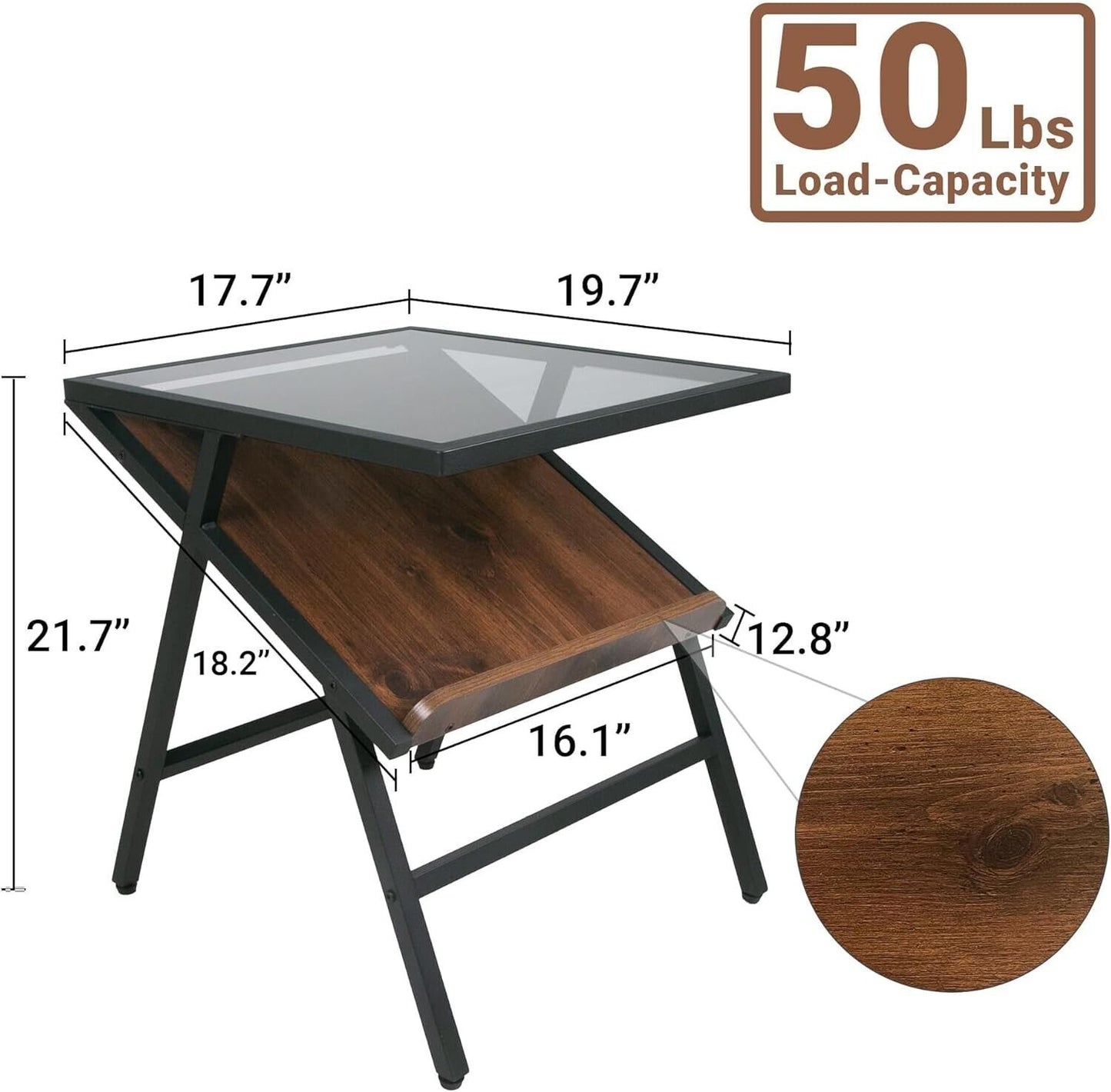 Yosemite Mid Century Glass Top End Table - Side Table with Magazine Rack