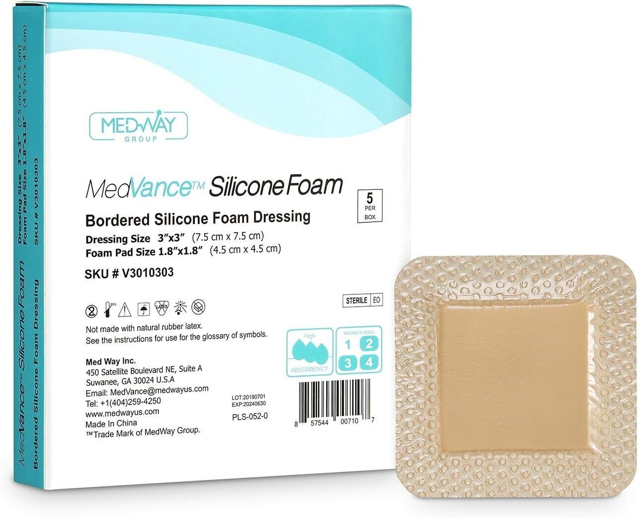 MedVance Silicone Bordered Adhesive Wound Dressing, 3"x3", Box of 5