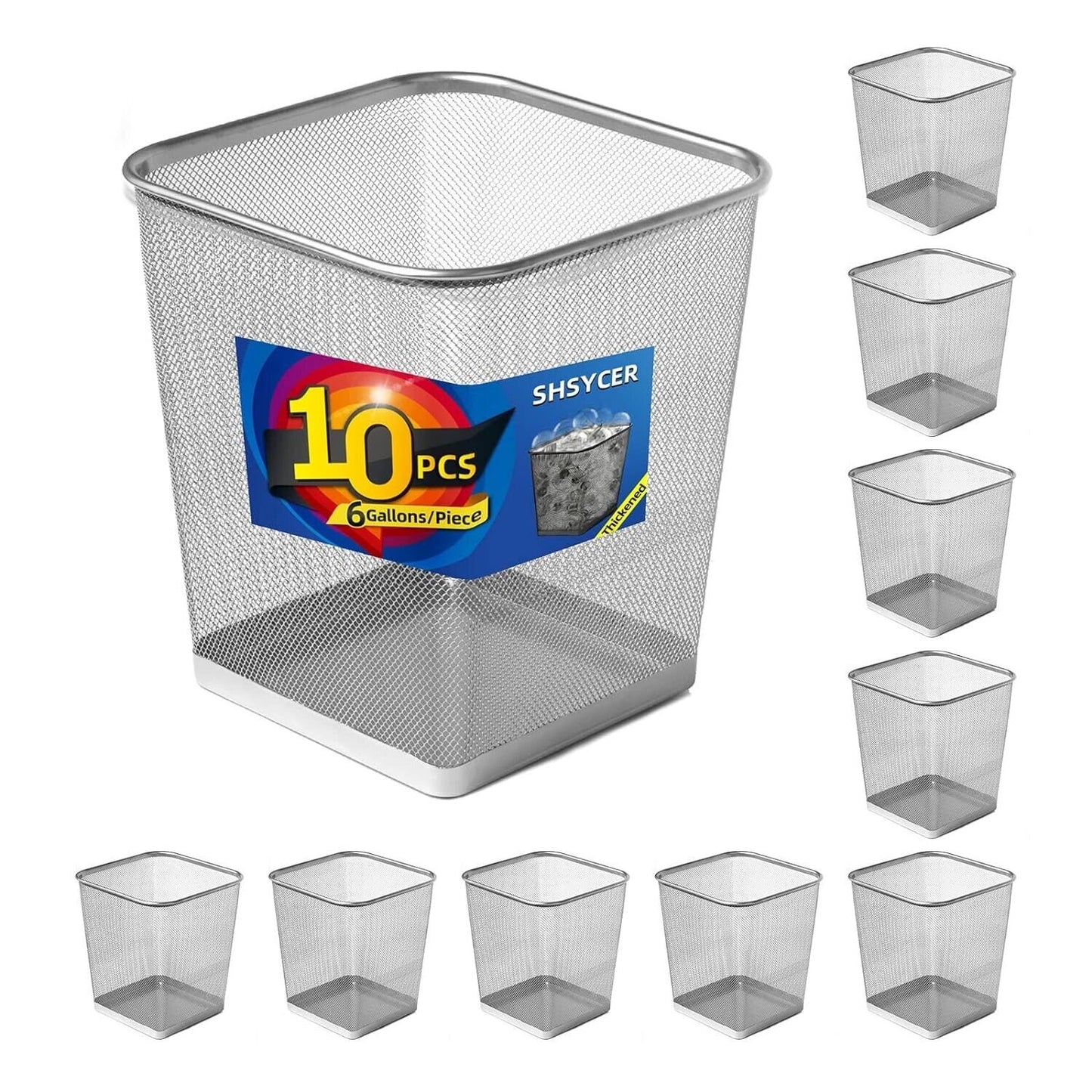 10-Pack Silver Square Metal Trash Cans, 6 Gallon Capacity, Mesh Design, Non-S...