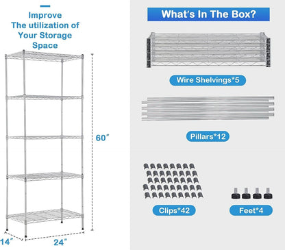 Adjustable 5-Tier Metal Wire Shelving Unit - NSF Certified Utility Storage Rack