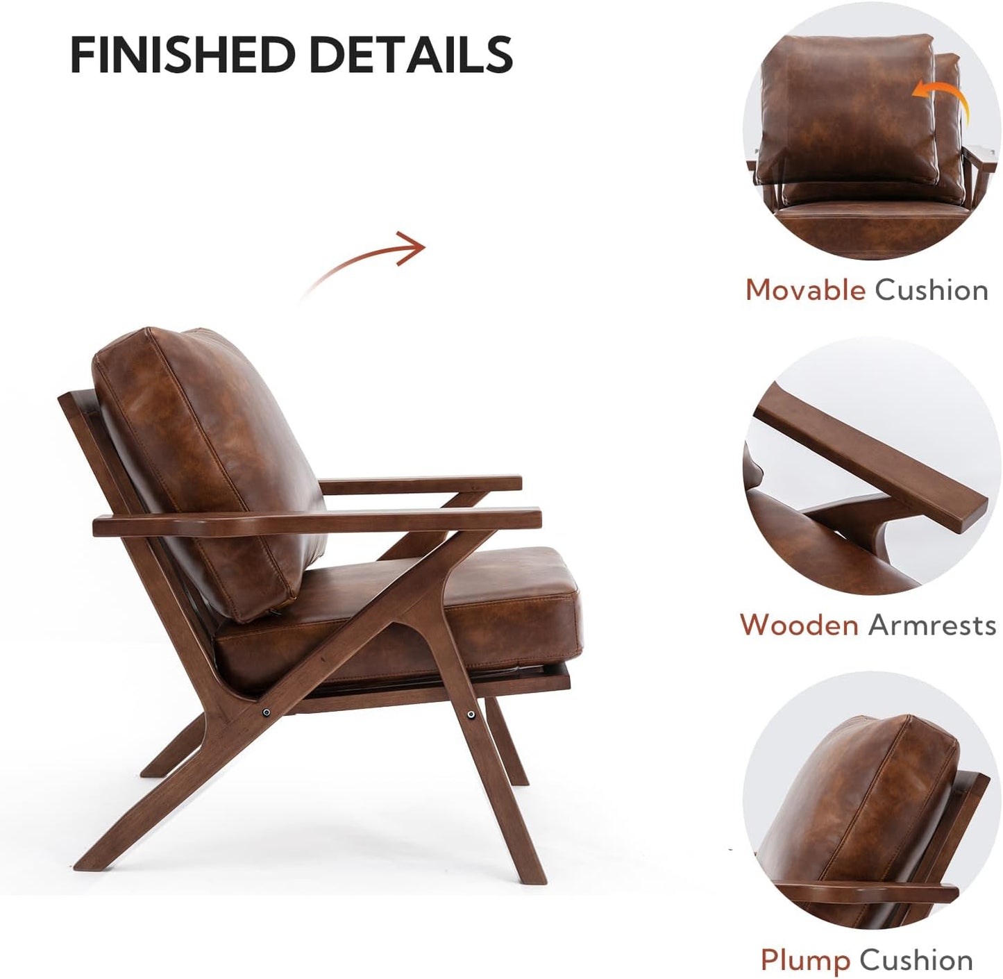 Mid-Century Modern Accent Chair for Living Room, Comfy Upholstered Faux Leather Armchair, Retro Leisure Reading Nook Chair with Wooden Frame, Brown