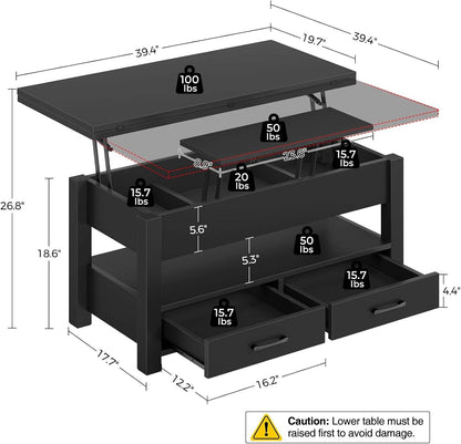 Coffee Table Lift Top, Multi-Function Convertible Coffee Table with Drawers and Hidden Compartment, Converts to Dining Table for Living Room, Home Office,Black