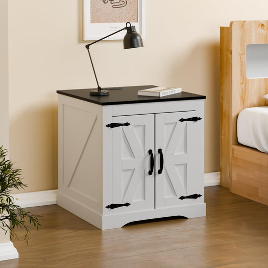 Farmhouse End Table, Sofa Side Table with Charging Station, 24" Large Wood Square Nightstand with Doors, Modern Storage Cabinet for Living Room, Bedroom, Entryway (White)