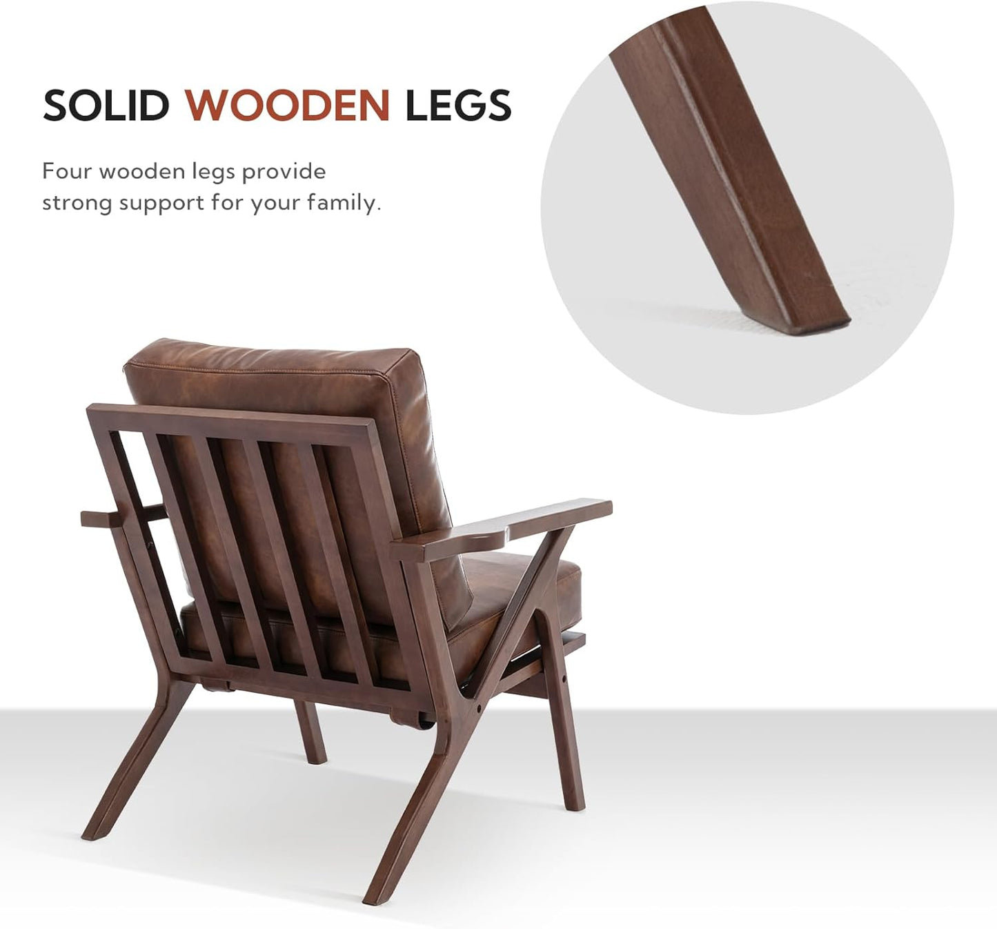 Mid-Century Modern Accent Chair for Living Room, Comfy Upholstered Faux Leather Armchair, Retro Leisure Reading Nook Chair with Wooden Frame, Brown
