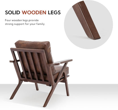Mid-Century Modern Accent Chair for Living Room, Comfy Upholstered Faux Leather Armchair, Retro Leisure Reading Nook Chair with Wooden Frame, Brown
