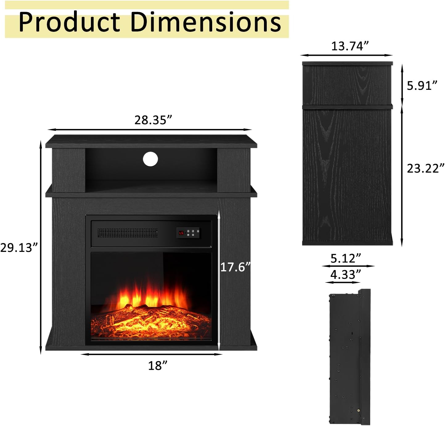 28" Electric Fireplace with Mantel, Small Fireplace tv Stand with 18" Fireplace Insert, 3D Realistic Flame, Portable Freestanding Fireplace with a Shelf for Living Room, Remote Control, Black