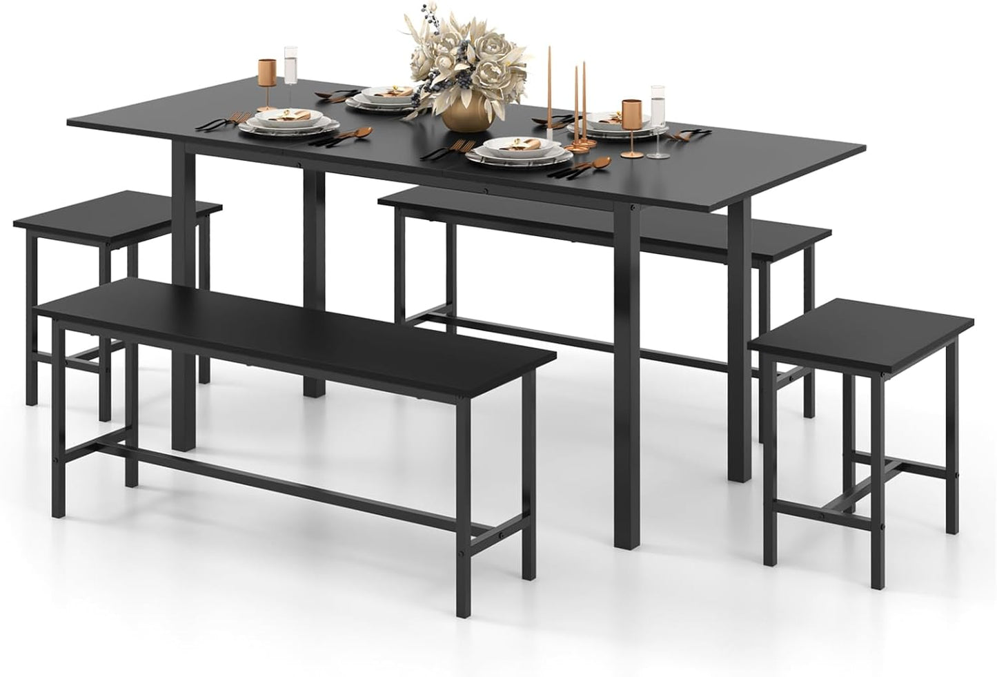 Dining Table Set for 4-6, 5-Piece Kitchen Table Chairs Set, 63” Extendable Table with 2 Benches, 2 Stools, Dinette Table Set, Breakfast Nook Table Set, Dining Room Table Set