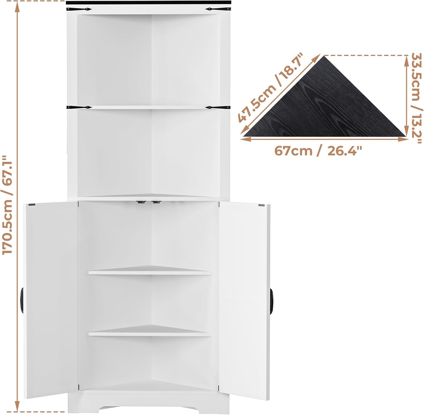 Corner Storage Cabinet 67 Tall, Freestanding Linen Cabinet with 1 Drawer and 4 Doors, Adjustable Shelves for Kitchen, Living Room - Farmhouse Style