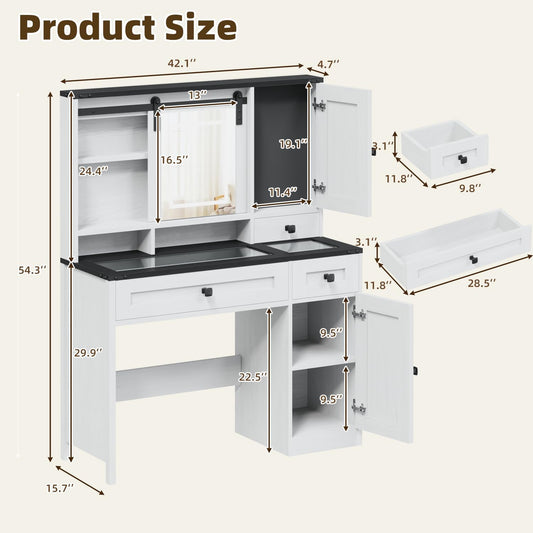 42" Farmhouse Makeup Vanity Desk with Lighted Mirror & Power Strips, Vanity Table with Sliding Barn Door, Open & Hidden Shelves, Drawers, Jewelry Cabinet, White Dressing Table, Light