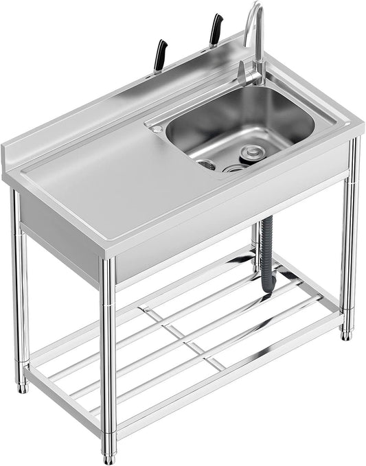 Free Standing Stainless-Steel Single Bowl Commercial Restaurant Kitchen Sink Set w/Faucet & Drainboard, Prep & Utility Washing Hand Basin w/Workbench & Storage Shelves Indoor Outdoor (39 in)
