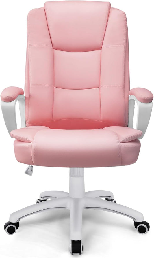 Home Office Chair, Ergonomic Desk Chair, Adjustable Task Chair for Lumbar Back Support, Computer Chair with Rolling Swivel and Armrest, Modern Executive High Back Leather Chairs (Pink)