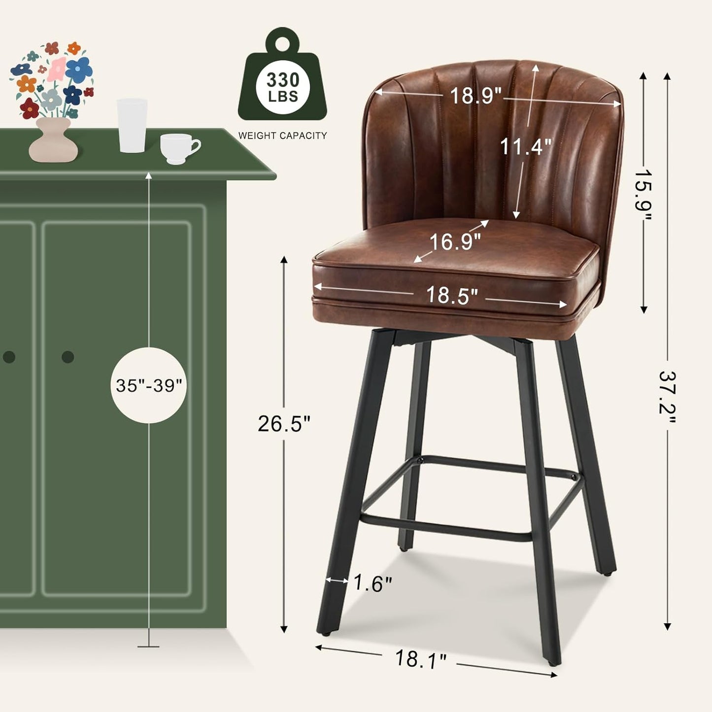 Swivel Counter Height Bar Stools Set of 4, 26'' Modern Barstools with Backs and Metal Legs, Upholstered Bar Chairs, Faux Leather Brown Stools for Kitchen Island Chairs