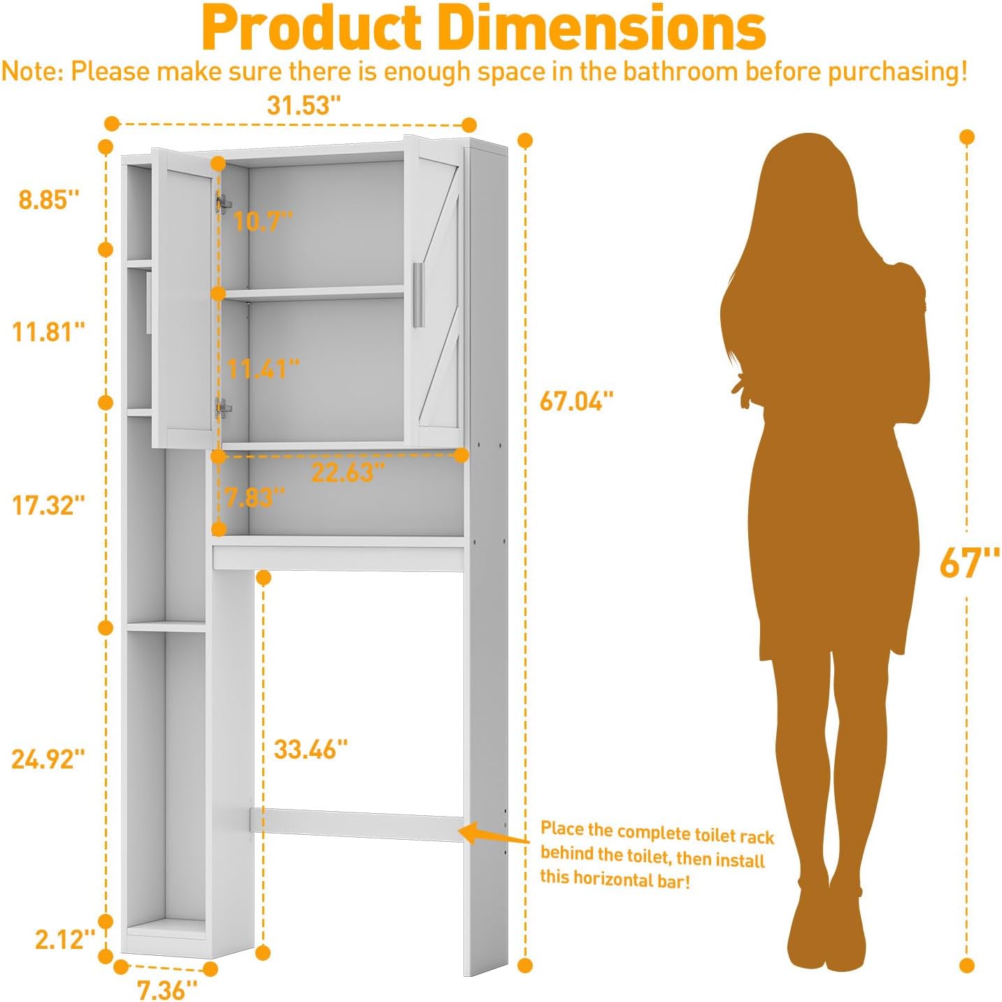 Over The Toilet Storage Cabinet with 7 Storage Shelves, Above Toilet Bathroom Organizer with Toilet Paper Holder Stand, Behind Toilet Cabinet, Space Saver for Restroom, Bathroom, Laundry, White