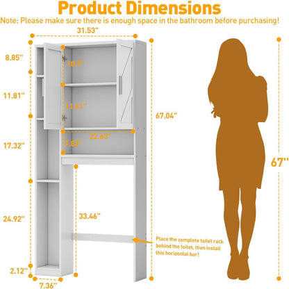 Over The Toilet Storage Cabinet with 7 Storage Shelves, Above Toilet Bathroom Organizer with Toilet Paper Holder Stand, Behind Toilet Cabinet, Space Saver for Restroom, Bathroom, Laundry, White