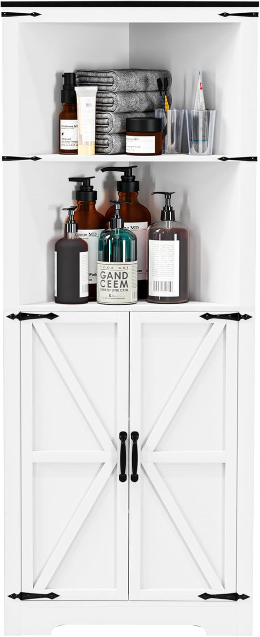Corner Storage Cabinet 67 Tall, Freestanding Linen Cabinet with 1 Drawer and 4 Doors, Adjustable Shelves for Kitchen, Living Room - Farmhouse Style