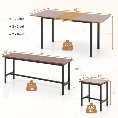 Dining Table Set for 4-6, 5-Piece Kitchen Table Chairs Set, 63” Extendable Table with 2 Benches, 2 Stools, Dinette Table Set, Breakfast Nook Table Set, Dining Room Table Set