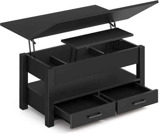 Coffee Table Lift Top, Multi-Function Convertible Coffee Table with Drawers and Hidden Compartment, Converts to Dining Table for Living Room, Home Office,Black