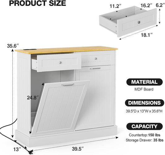 20 Gallon Double Tilt Out Trash Cabinet with Charging Station, Upgrade Wooden Free Standing Trash Cabinet with Outlet,Recycling Cabinet with Hideaway Drawer (White)
