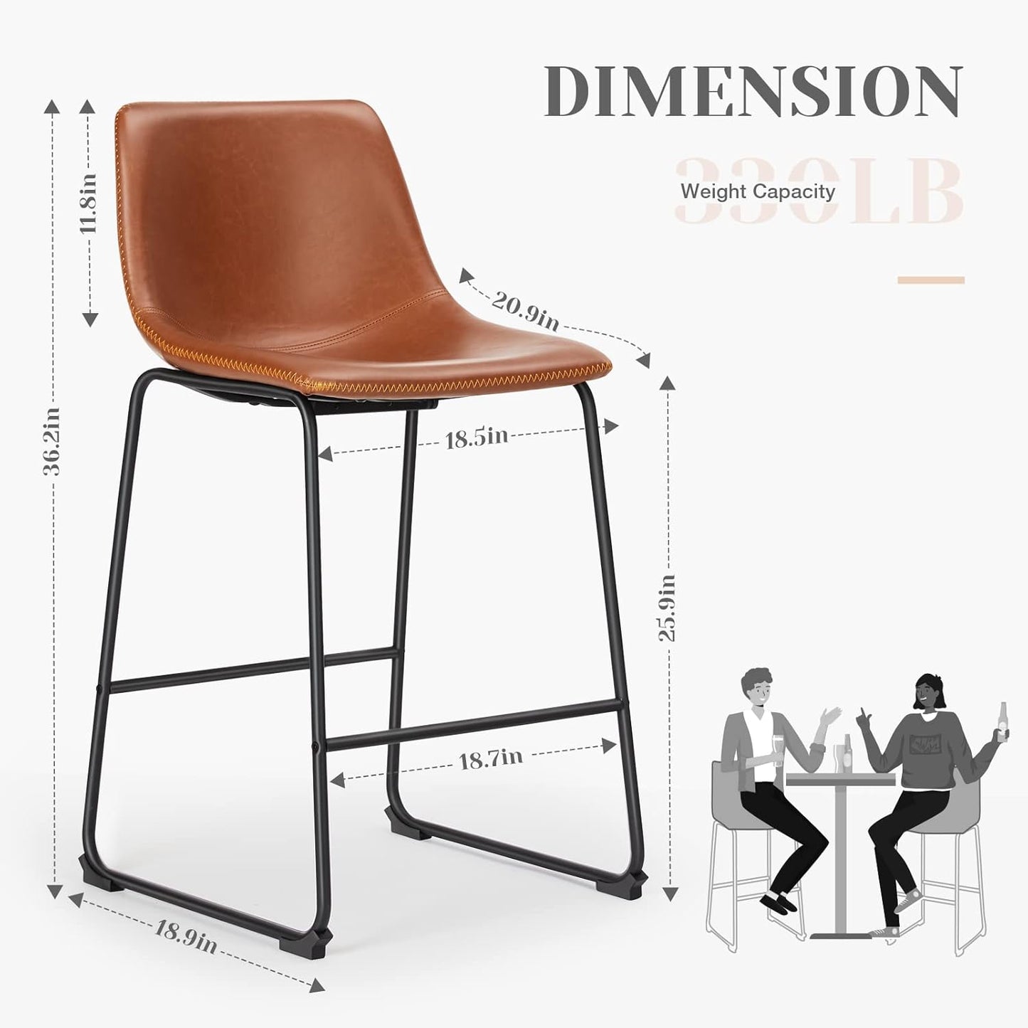 Counter Height Bar Stools Set of 2, Modern Counter Stool Faux Leather Barstools with Back, 26 inch Seat Height Island Stools Countertop Comfortable Brown Bar Chairs with Metal Legs